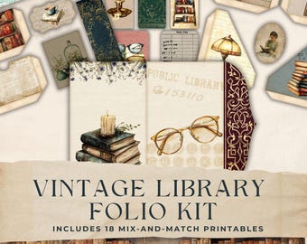 May include: A selection of vintage-style printables, including tags, book covers, and ephemera. The design incorporates illustrations of books, candles, spectacles, and library elements. The text "VINTAGE LIBRARY FOLIO KIT" is displayed prominently.