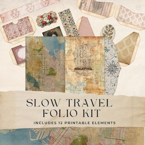 May include: A collection of vintage-style paper ephemera, including maps, floral designs, and decorative elements. The text "SLOW TRAVEL FOLIO KIT" is displayed prominently, with the tagline "INCLUDES 12 PRINTABLE ELEMENTS". The color palette includes beige, brown, and red.