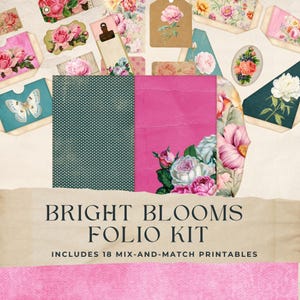 Op de afbeelding: Een verzameling papieren ephemera met bloementhema, waaronder labels, zakken en papieren met patronen. Het ontwerp bevat roze, teal en beige elementen met rozen- en pioenroosillustraties. De tekst "BRIGHT BLOOMS FOLIO KIT" wordt weergegeven.