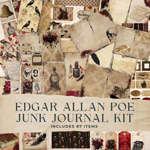Puede incluir: Un kit de diario de chatarra digital con 87 artículos inspirados en Edgar Allan Poe. El kit incluye papeles, etiquetas y adornos de estilo vintage con temas góticos y macabros. El kit incluye imágenes de cuervos, calaveras y relojes antiguos.