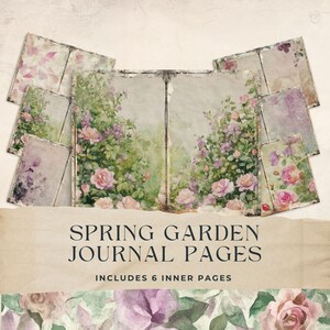 Páginas de diário de lixo de jardim de primavera, diário de sementes de flores, papel digital floral roxo rosa, álbum de recortes de primavera, 8,5 x 11, para impressão, JJ018