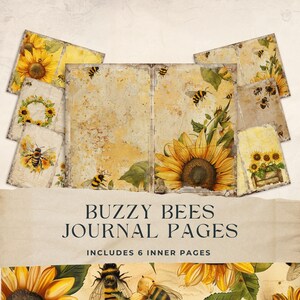 Bee Junk Journal Pages, Honeycomb Journaling, Sunflower Floral Digital Paper, Yellow Orange Scrapbook, Golden, 8.5x11, Printable, JJ019