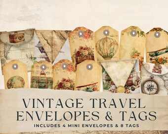 Puede incluir: Sobres y etiquetas vintage de temática de viajes con un fondo de mapa del mundo. El conjunto incluye 4 mini sobres y 8 etiquetas con imágenes de maletas, aviones, globos aerostáticos y diseños florales.