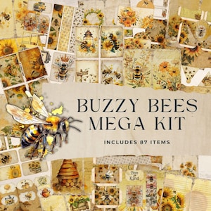 Bee Junk Journal Kit, Sunflower Garden Printable, Honey, Shabby Chic, Digital Paper, Scrapbook Embellishment, Collage Sheet, 8.5x11 JJ019