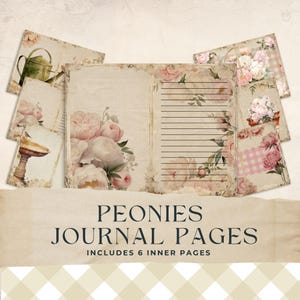 Pfingstrose Junk Journal Seiten, Pfingstrosen Journaling, Pastell Garten Digitales Papier, Cottagecore Printable, Seiteneinlage, Scrapbook, gealtert, 8.5x11 JJ009