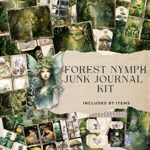 Kit diario di spazzatura della foresta Grungy, stampabile con ninfe, carta digitale Mystic Woodland, abbellimento per album di ritagli verde, foglio di collage, 8,5x11 JJ011