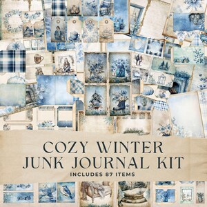 Zestaw dziennika Cozy Winter Junk, śnieżny domek, niebieskie kwiaty, kratkowane znaczniki, papier cyfrowy, ozdoba do scrapbookingu, arkusz kolażu, 8,5 x 11, JJ006