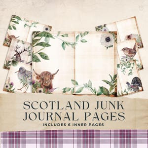 Scotland Junk Journal Seiten, Vintage Scottish, Highland Kuh, Tartan Seiteneinlage, Floral, Scrapbook, gealtertes Aquarellpapier, 8.5x11, JJ003