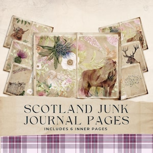 Scotland Junk Journal Pages, vintage Schots, Schotse hooglanders, pagina invoegen met tartan, bloemen, plakboek, verouderd aquarelpapier, 8,5 x 11, JJ003