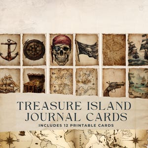 Treasure Island-junkjournaalkaarten, piratencollage, Jolly Roger, tropisch, plakboekversiering, kortstondige, schrijfkaart, 8,5 x 11, JJ022