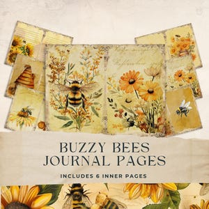 Bee Junk Journal Pages, Honeycomb Journaling, Sunflower Floral Digital Paper, Yellow Orange Scrapbook, Golden Sun, 8.5x11, Printable, JJ019