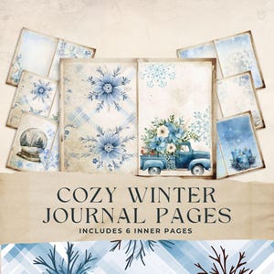 Przytulne zimowe strony dziennika, dziennik Blue Snow, papier cyfrowy, do druku, wkładka do strony, album, postarzany papier akwarelowy, 8,5 x 11, JJ006