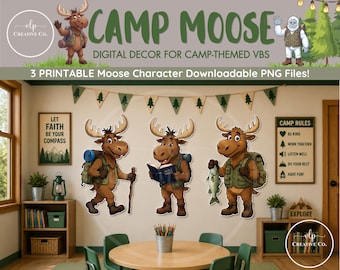 Camp Moose Figuren | Dekoration für die Kinderbibelwoche, Bühnenbilder zum Ausdrucken (Digitaler Download)