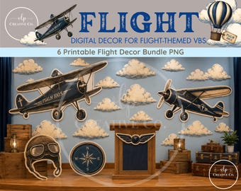Dekorationspaket „Flug“ für die Kinderbibelwoche | PNG-Cliparts zum Thema Luftfahrt | Dekorationen für Kirchenflur und Bühne | Druckbare Grafiken für die Kinderbibelwoche