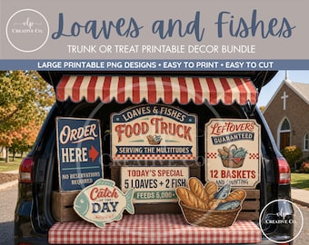 Loaves and Fishes Food Truck Trunk or Treat Druckbares Set, Christliche Halloween-Kirchendekoration