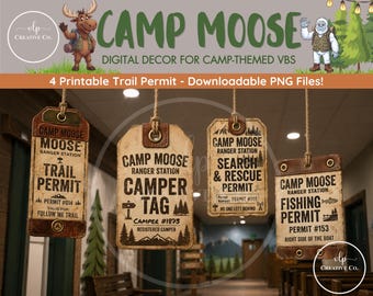 Camp Moose Camping-Etiketten | Großformatige, druckbare Dekoration für die Kinderbibelwoche | Schilder für Campinggenehmigungen | Digitaler Download