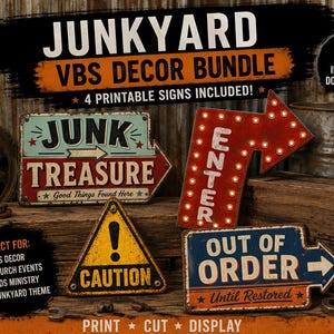 Peut inclure: Ensemble de quatre panneaux imprimables de style vintage avec des textures usées. Les panneaux incluent des phrases telles que "Junk Treasure", "Enter", "Caution" et "Out of Order". Thème "Junkyard".