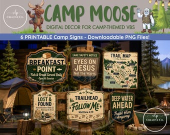 Camp Moose Bible Story Signs | Large Format Printable VBS Decor | Christian Camp Signs | Church Stage Decorations | Digital Download