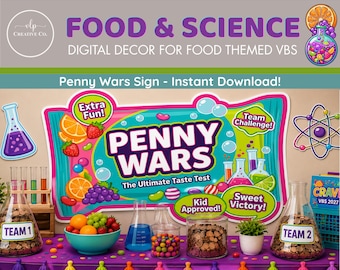 Schild für den „Penny Wars“-Wettbewerb der Kinderbibelwoche | Dekoration zum Thema Essen | Schild für ein Wissenschaftslabor-Spiel | Druckbare Dekoration für einen Kirchenwettbewerb | PNG-Download