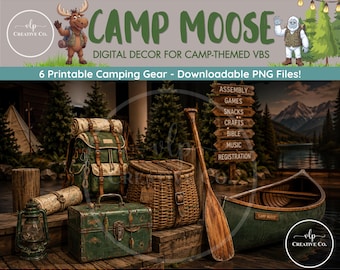 Camp Moose Campingausrüstung | Großformatige, druckbare Dekoration für die Kinderbibelwoche | Camping-Requisiten | Bühnendekoration für die Kirche | Digitaler Download