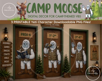 Yeti-Figuren aus Camp Moose | Großformatige, druckbare Dekoration für die Kinderbibelwoche | Yeti-PNG-Dateien für die Kirche | Bühnendekoration | Digitaler Download