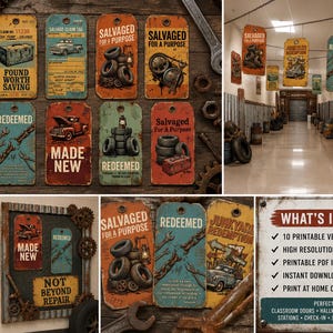 May include: A selection of vintage-style tags with distressed designs, featuring images of cars, tyres, and tools. The tags have text like "Redeemed," "Salvaged," and "Made New." The image also includes a sign that says "What's Included."