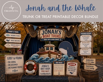 Jonah and the Whale Rüssel oder Leckerei druckbares Dekor-Bundle | Christliche Kirchendekorationen | Digitaler Download PNG