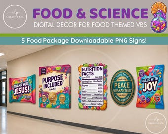 VBS 2027 Verpackungsschilder-Set | VBS-Dekoration zum Thema Essen | Nährwertkennzeichnung | Christliche Klassenzimmerdekoration | Druckbares PNG-Set