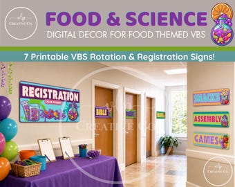VBS-Rotationsschilder-Set zum Ausdrucken | Thema: Essen & Wissenschaft | Anmeldung, Bibel, Musik, Basteln, Spiele, Snacks