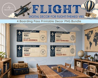 Flugzeug-VBS-Bordkarten-Deko-Set | Druckbare PNG-Dekorationen | Kirchendeko im Flughafen-Stil | Flurschilder für die Ferienbibelschule