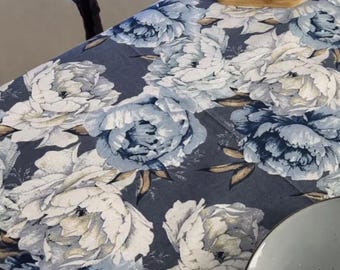 Blue Peony Tablecloth - Luxury Floral Cotton Table Cover - Elegant Table Linen - Your Custom Size