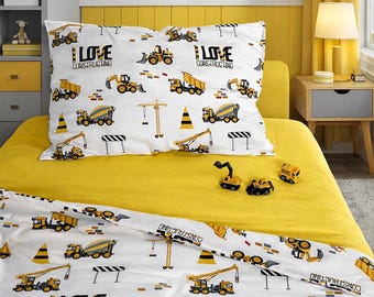 Construction Bedding Set for Boys - Duvet Cover & Pillowcase - 100% Cotton - Excavator, Truck, Digger, Tractor