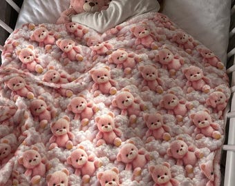 Baby GIRL Pink Blanket, Organic Cotton & Minky, Soft Teddy Bear Kids Throw - Baby Bedding