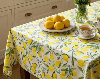 YELLOW Waterproof Tablecloth - Lemon Citrus Print - Luxury Fruit Table Cover for Kitchen & Outdoor