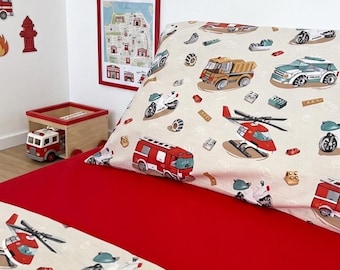 Juego de ropa de cama con diseño de camión de bomberos, 100% algodón natural: funda nórdica y funda de almohada. Ropa de cama infantil con temática de bomberos.