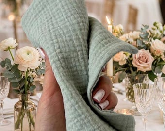 ELEGANT Sage Green Muslin Napkins for WEDDING Table - Set of 4 - Cotton Gauze Decor