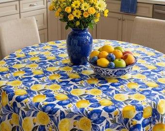 Round Italian Lemon Tablecloth, Cotton Table Cover - Fruit & Citrus Design for Kitchen, Outdoor