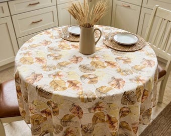 Modern Botanical Round Tablecloth, Organic Leaf Pattern in Earth Tones, Neutral Kitchen Table Cover
