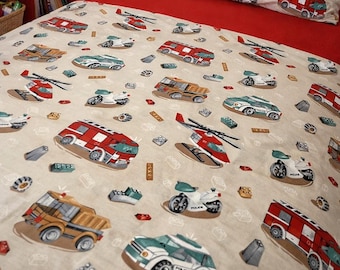 Boys Fitted Sheet, Fire Truck, Police Car & Helicopter - Custom Size Twin/Queen/King - Cotton
