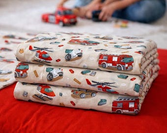 FITTED Sheet Fire Truck, Police, Helicopter Design - Your Custom Size, Natural Cotton