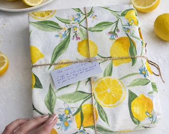 Waterproof LEMON Tablecloth with Bright Yellow Citrus Print, Cotton Table Cover for Kitchen & Outdoor