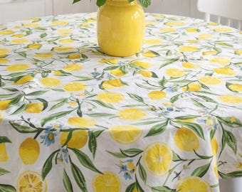 Yellow Lemon Tablecloth - Round Cotton Table Cover - Fruit & Citrus Decor