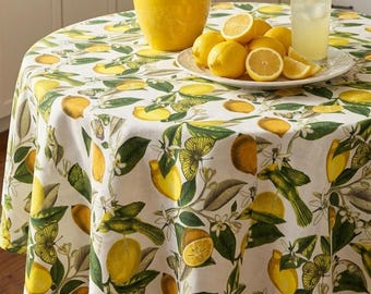 LEMON Table Cloth, Waterproof Cotton Round Table Cover - New Stain Resistant Citrus Design