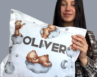 WOW Gift for Baby - Personalized Teddy Bear Pillow with Name - Soft Cotton Pillow Cover with Insert - Cute Nursery Decor - Baby Shower Gift