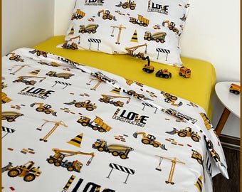 Digger Trucks Duvet Cover and Pillowcase - Tractor Bedding for Toddler Boy - Construction  Theme