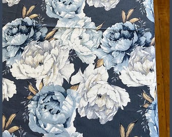 Gray & Blue Floral Cotton Tablecloth - Peony Waterproof Stain Resistant Table Cover - Elegant  Botanical Design