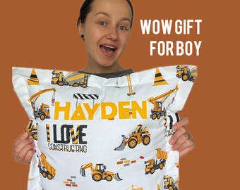 TOP Personalized Name Pillowcase for Boys – Nursery Decor - Digger Pillowcase - Custom Name Kids Cushion -backhoe truck toddler pillowcase