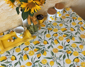 WOW Lemon Waterproof Tablecloth - Your Cute Decor - Bright Yellow Fruit Print - Cotton Table Cover - Housewarming Gift - Citrus Table Linen