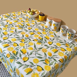 WOW Gift for Mather, Grandmother, Friend, Housewarming - Yellow Lemon Waterproof Tablecloth - Fruit Print - Cotton Citrus Table Linen