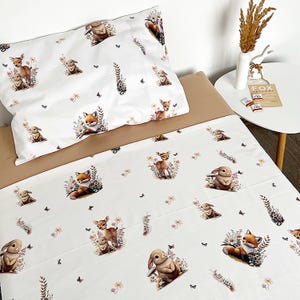 WOW Gift for Baby Girl - Soft Cotton Bedding Set Duvet Cover and Pillowcase - Woodland Animals Fox Bunny Deer - Crib or Toddler Bed